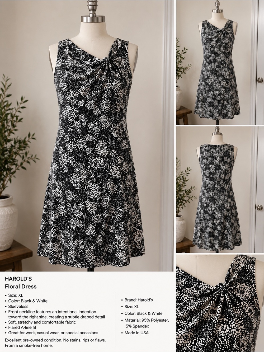 Harold’s Black White Floral Dress XL Sleeveless A-Line Draped Neck Stretch